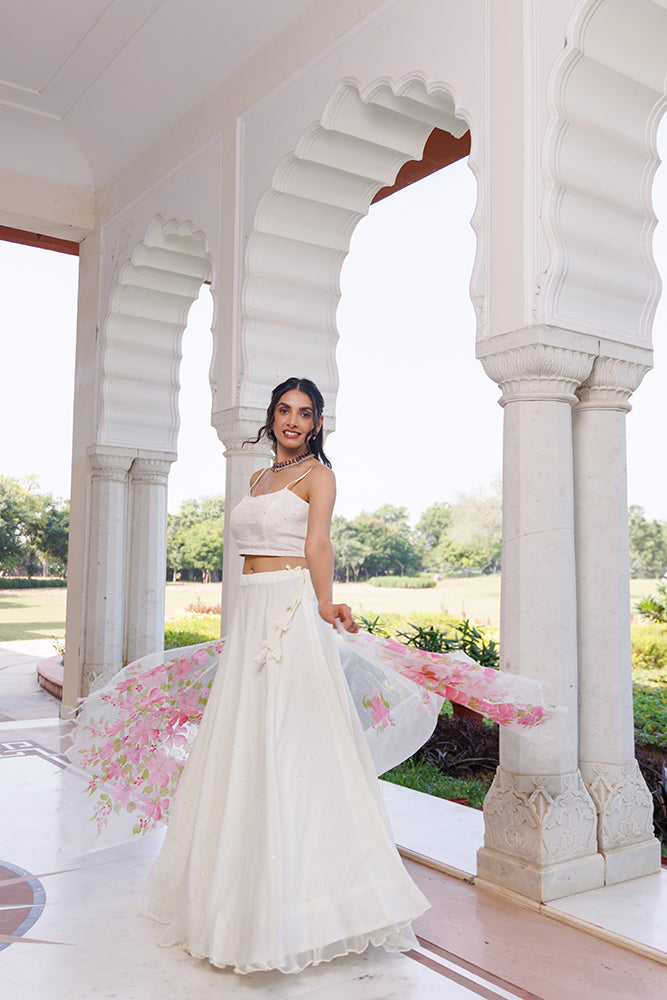 Off White Chiffon Lehenga Set  Mukaish Work & Hand Painted Organza Dupatta