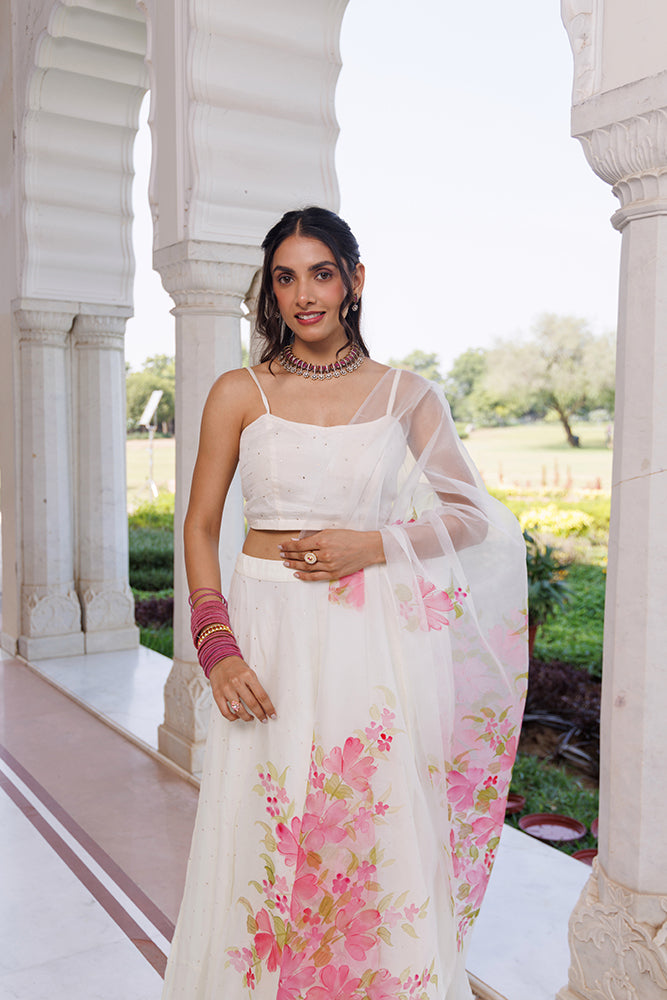 Off White Chiffon Lehenga Set  Mukaish Work & Hand Painted Organza Dupatta