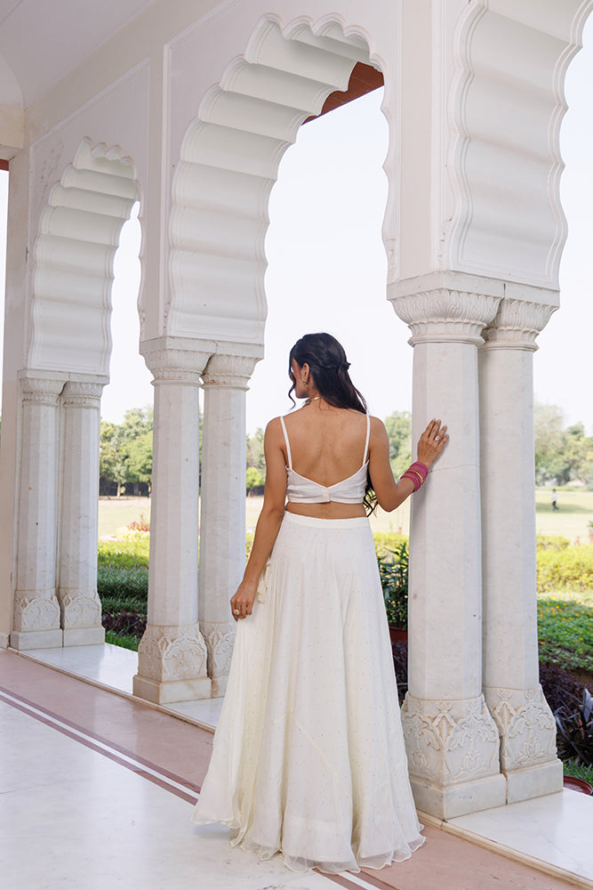 Off White Chiffon Lehenga Set  Mukaish Work & Hand Painted Organza Dupatta