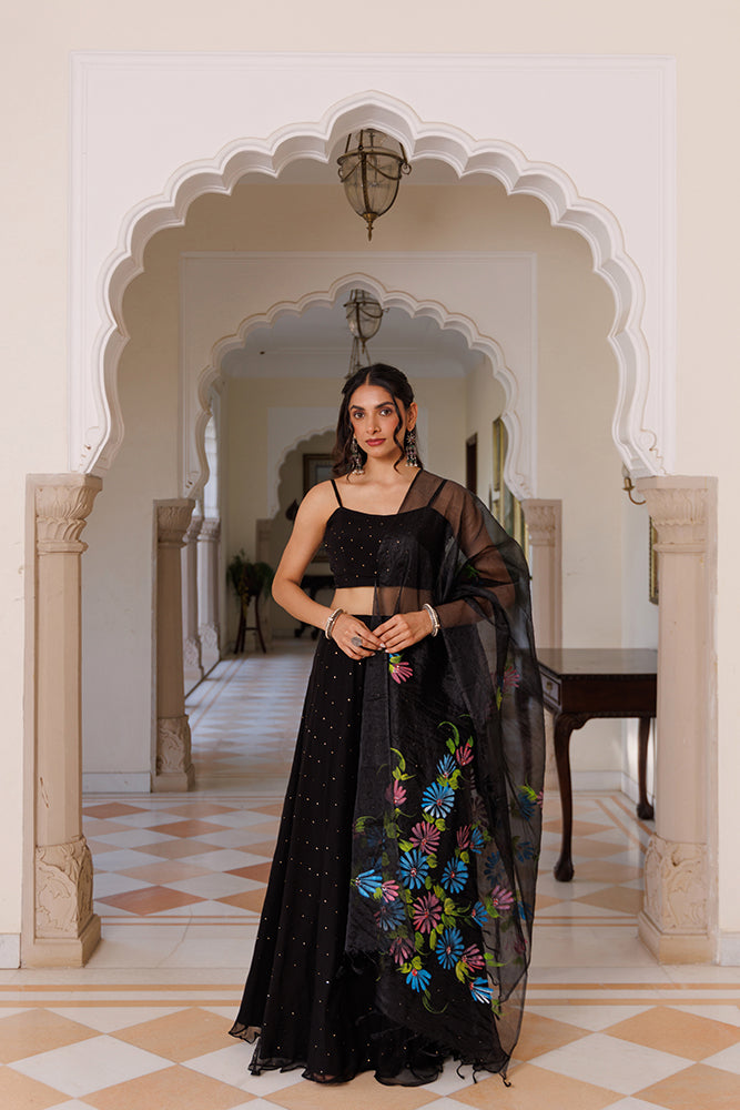 Black Chiffon Lehenga Set with Mukaish Work and Hand-Painted Organza Dupatta