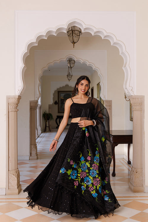 Black Chiffon Lehenga Set with Mukaish Work and Hand-Painted Organza Dupatta