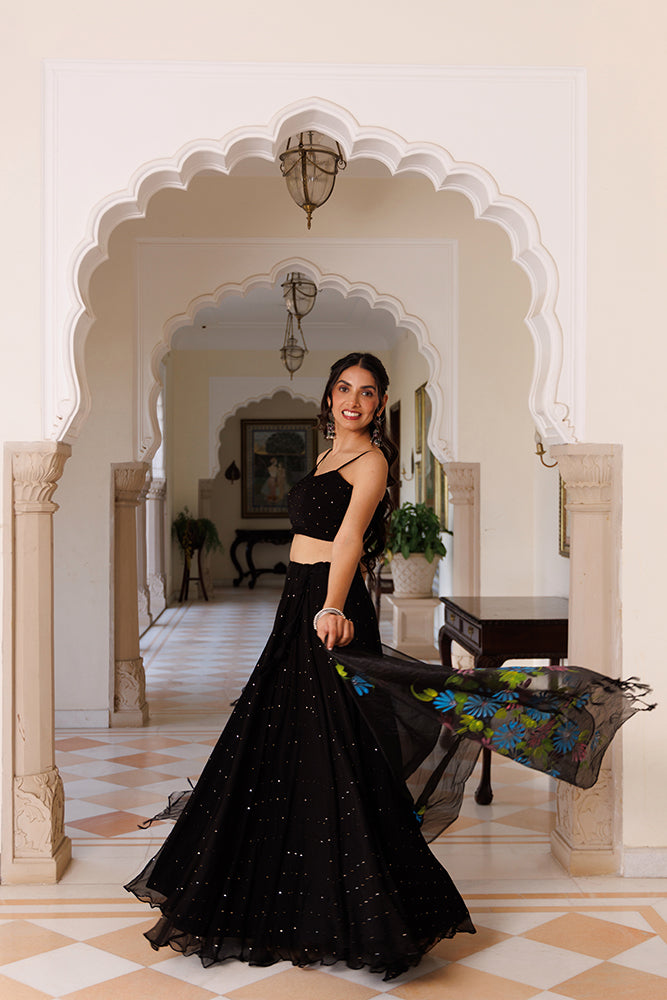 Black Chiffon Lehenga Set with Mukaish Work and Hand-Painted Organza Dupatta