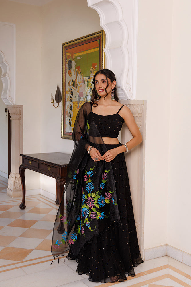 Black Chiffon Lehenga Set with Mukaish Work and Hand-Painted Organza Dupatta