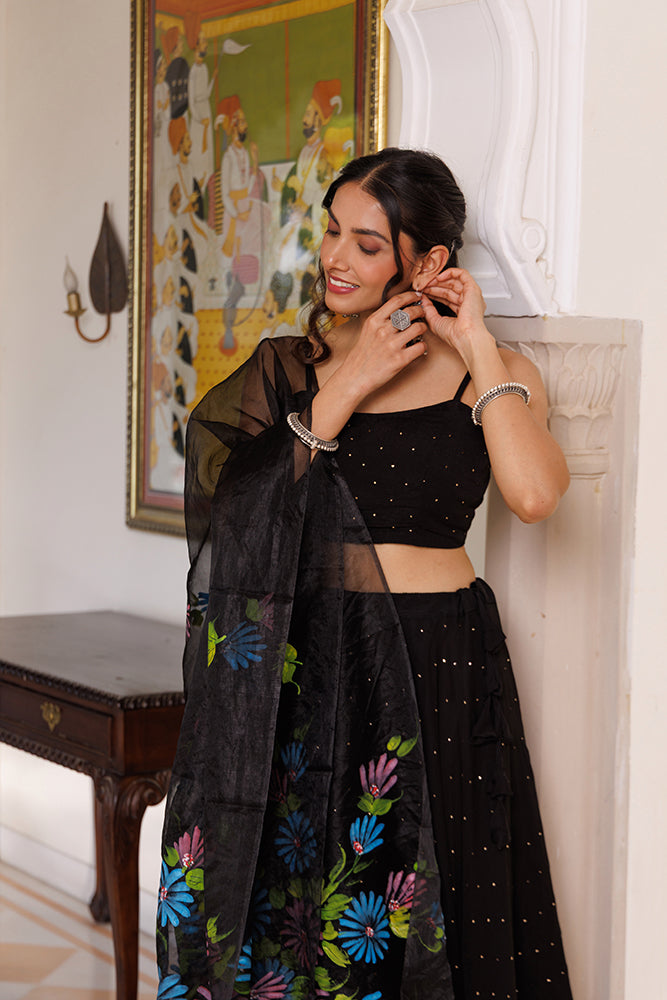 Black Chiffon Lehenga Set with Mukaish Work and Hand-Painted Organza Dupatta