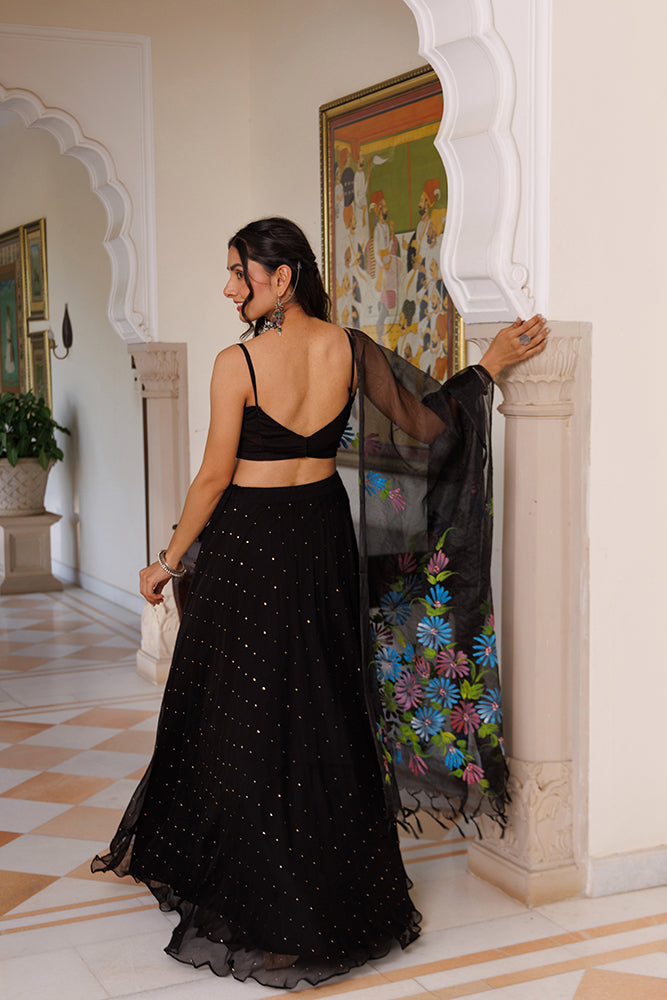Black Chiffon Lehenga Set with Mukaish Work and Hand-Painted Organza Dupatta