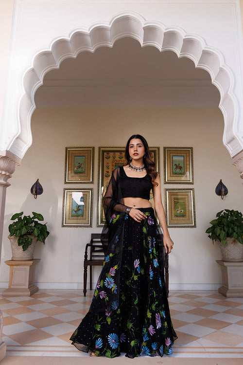 Black Hand-Painted Chiffon Lehenga Set With Mukaish Work & Hand Painted Organza Dupatta