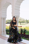 Black Hand-Painted Chiffon Lehenga With Mukaish Work & Hand Painted Organza Dupatta