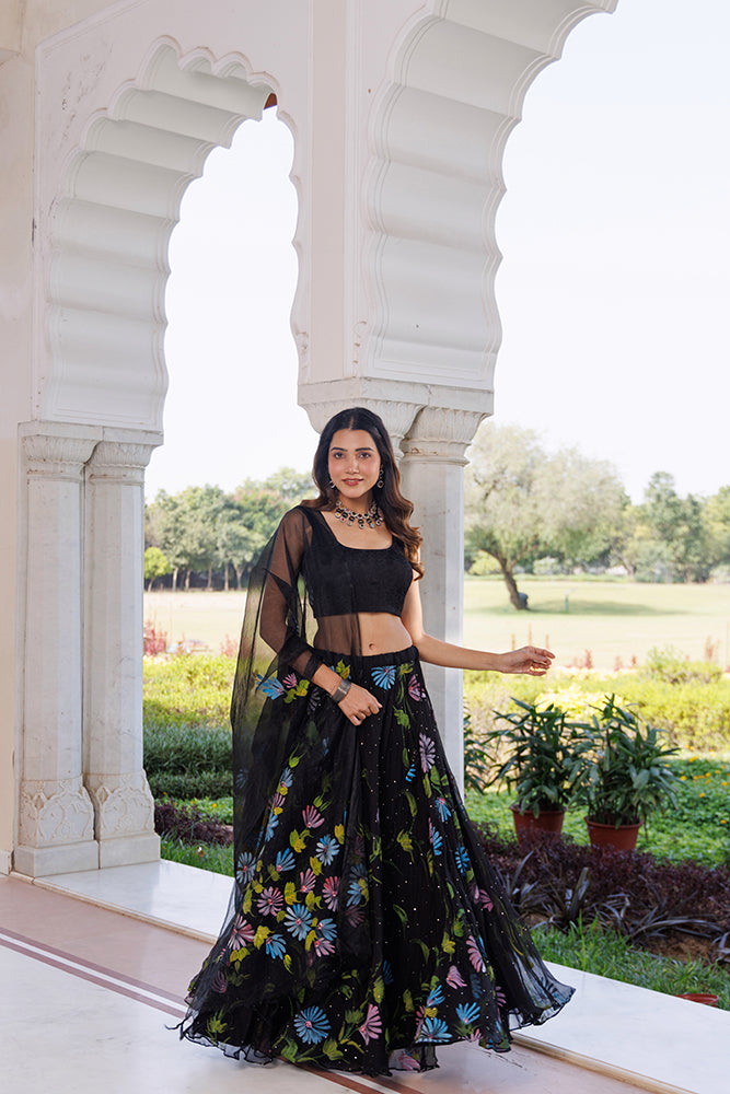 Black Hand-Painted Chiffon Lehenga Set With Mukaish Work & Hand Painted Organza Dupatta