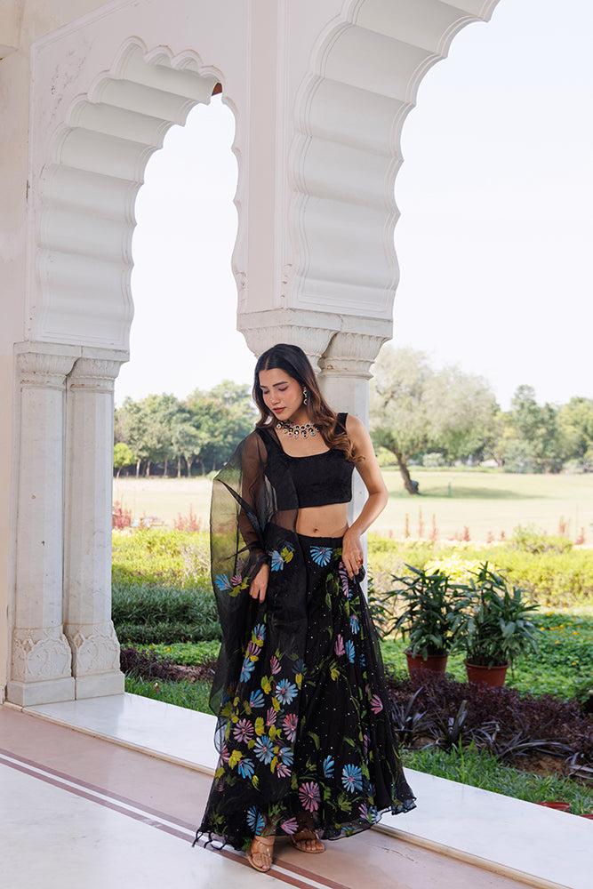 Black Hand-Painted Chiffon Lehenga Set With Mukaish Work & Hand Painted Organza Dupatta