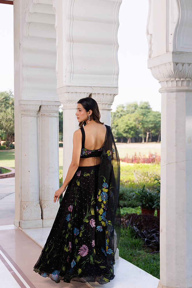 Black Hand-Painted Chiffon Lehenga Set With Mukaish Work & Hand Painted Organza Dupatta
