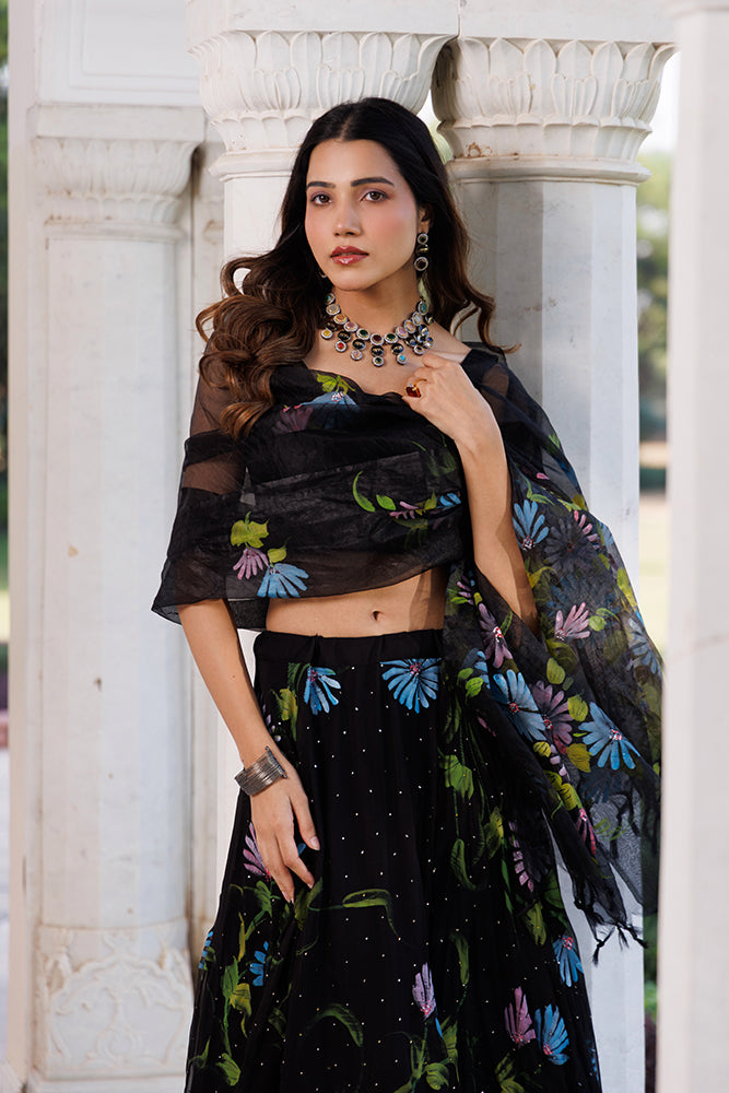 Black Hand-Painted Chiffon Lehenga Set With Mukaish Work & Hand Painted Organza Dupatta