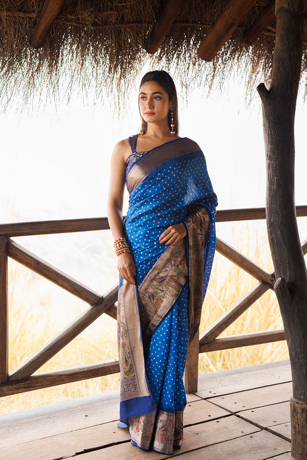 Blue Hand Woven Bandhani Saree