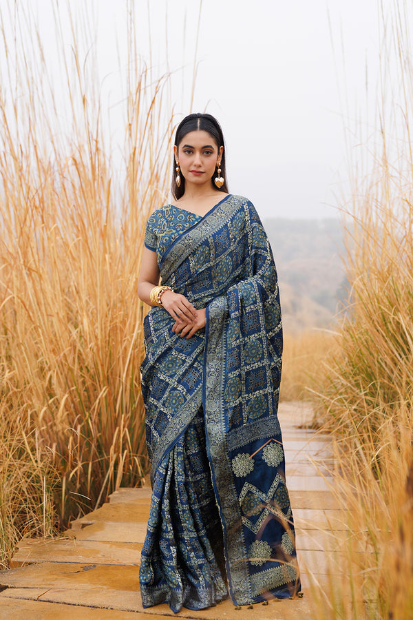 Indigo Hand Woven Bandhani Silk Saree