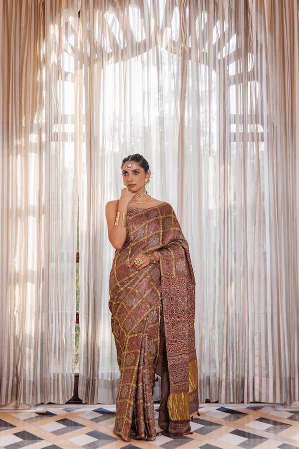 Traditional Brown Ajrakh Saree With Classic Zari Checks