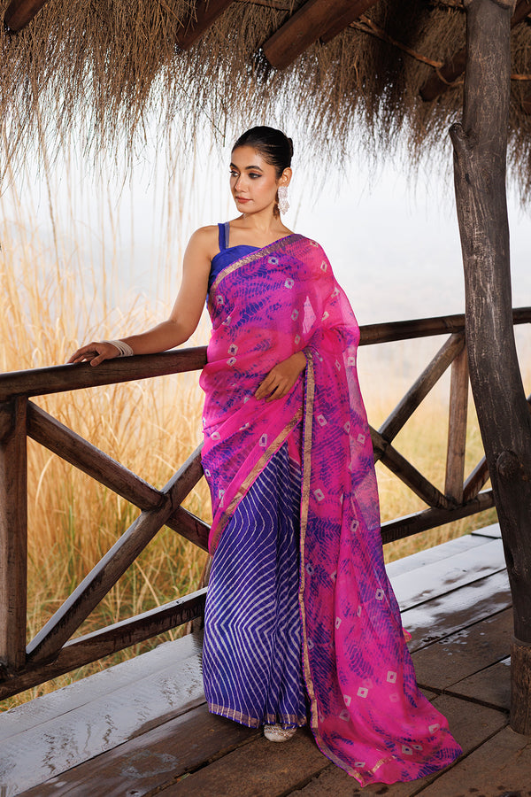 Blue & Pink Kota Silk Bandhani Saree