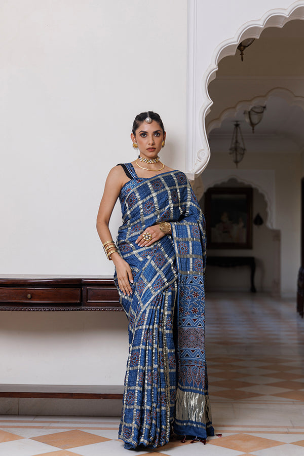 Blue Ajrakh Print Saree With Full Zari Checks