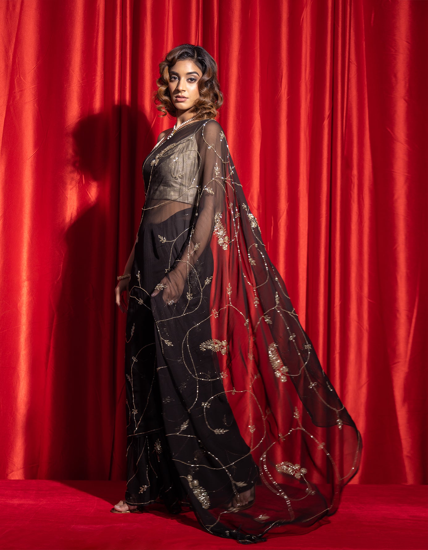 Black Hand Embroidered Tube Jaal Chiffon Saree