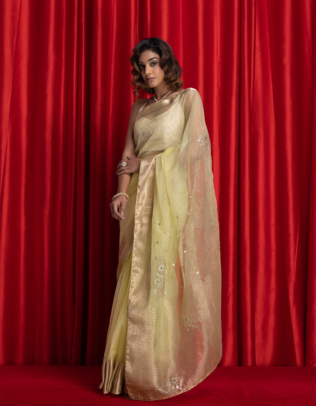 Lime Green Handcrafted Zari Woven Organza Banarasi Saree