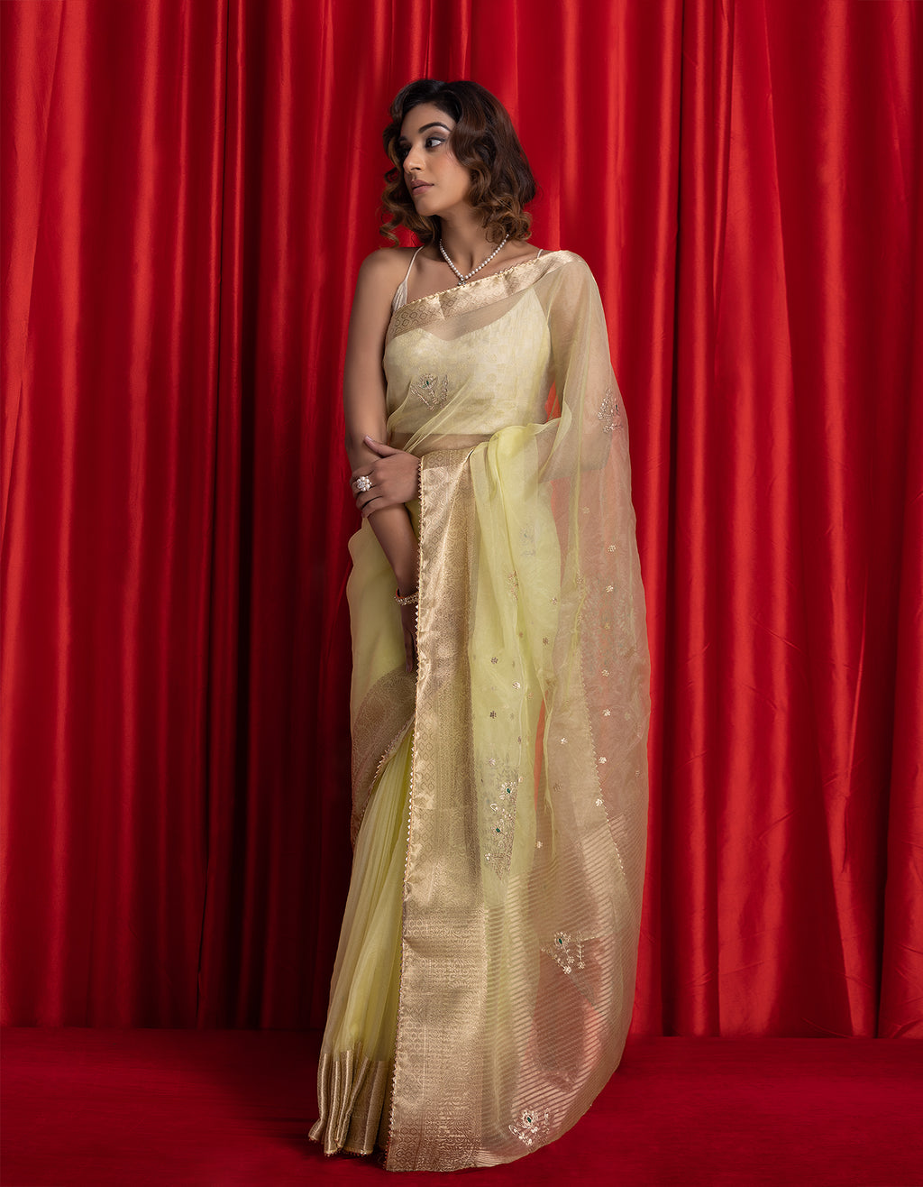 Lime Green Handcrafted Zari Woven Organza Banarasi Saree