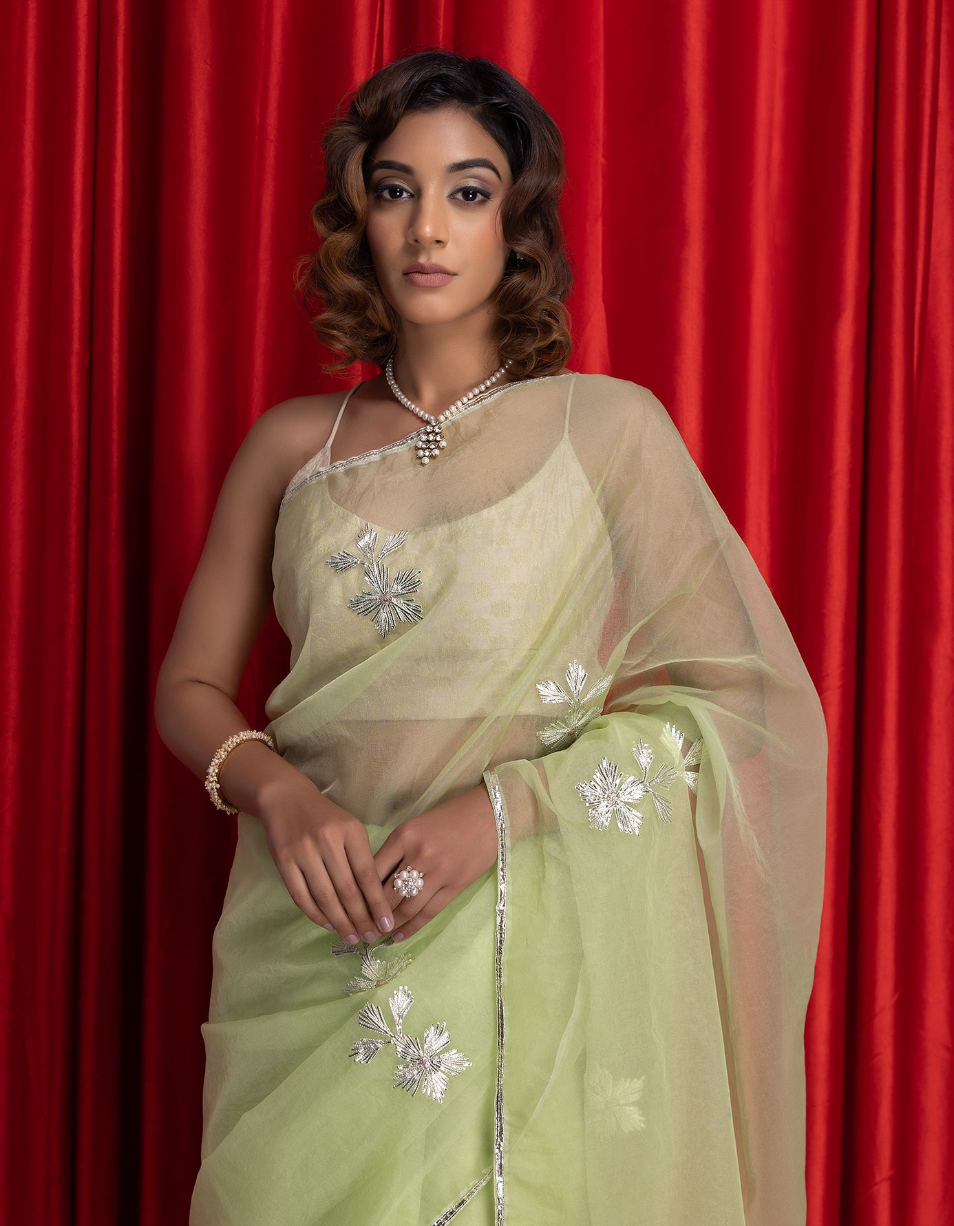 Green Handcrafted Gota Patti Organza Saree