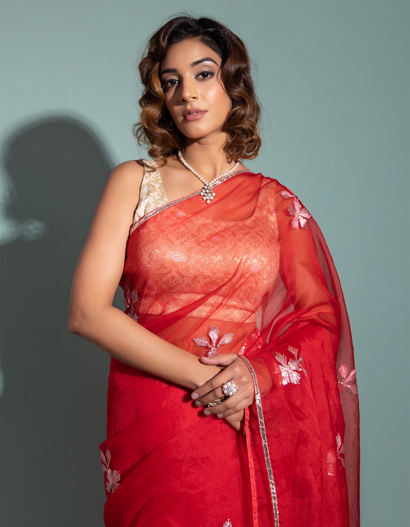 Red Handcrafted Gota Patti Organza Saree
