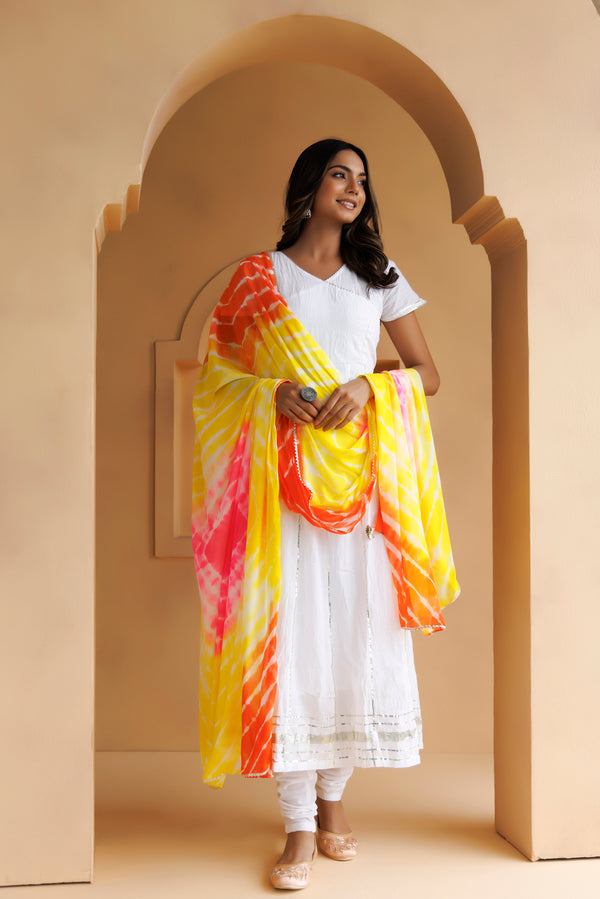 White Handcrafted Cotton Kurta Set With Leheriya Dupatta