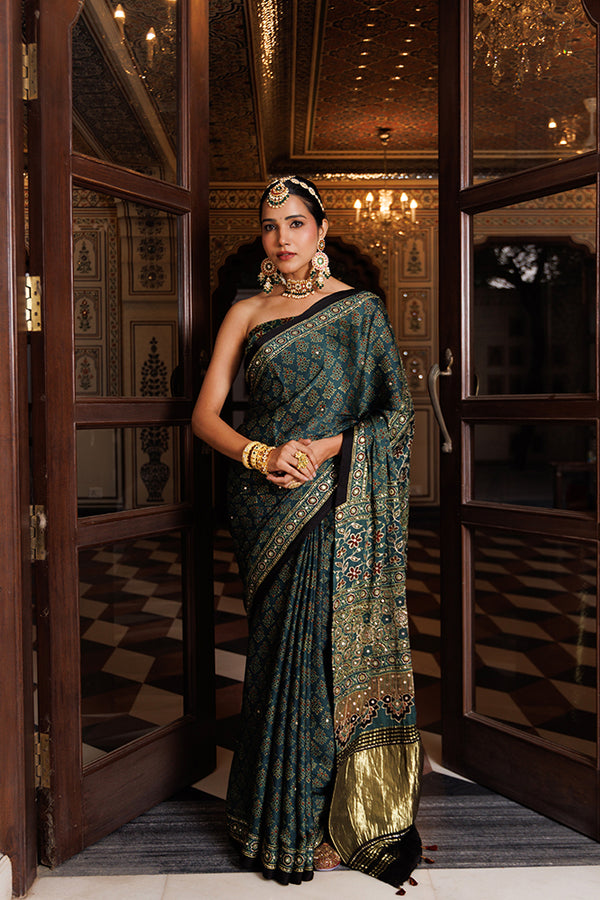 Traditional Ajrakh Green Modal Silk Saree With Aari And Sequins Artwork