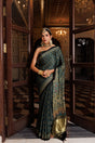 Green Ajrakh Hand-Block Printed Modal Silk Saree With Aari & Sequins Work