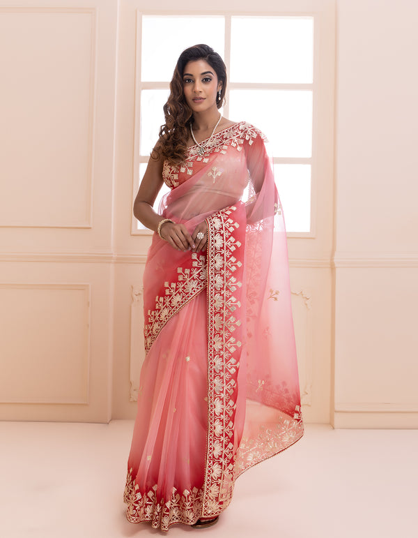 Peach Shaded Handcrafted Gota Patti Organza Saree