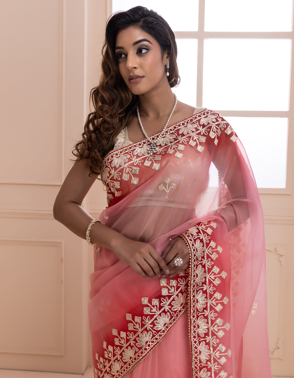Peach Shaded Handcrafted Gota Patti Organza Saree