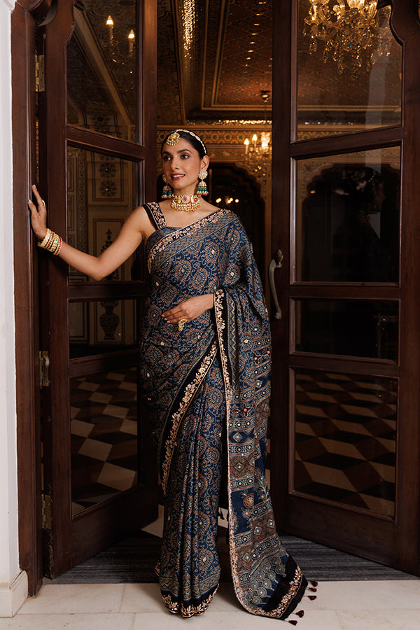 Indigo Hand Block Printed Silk Ajrakh Saree With Zardozi Detailing