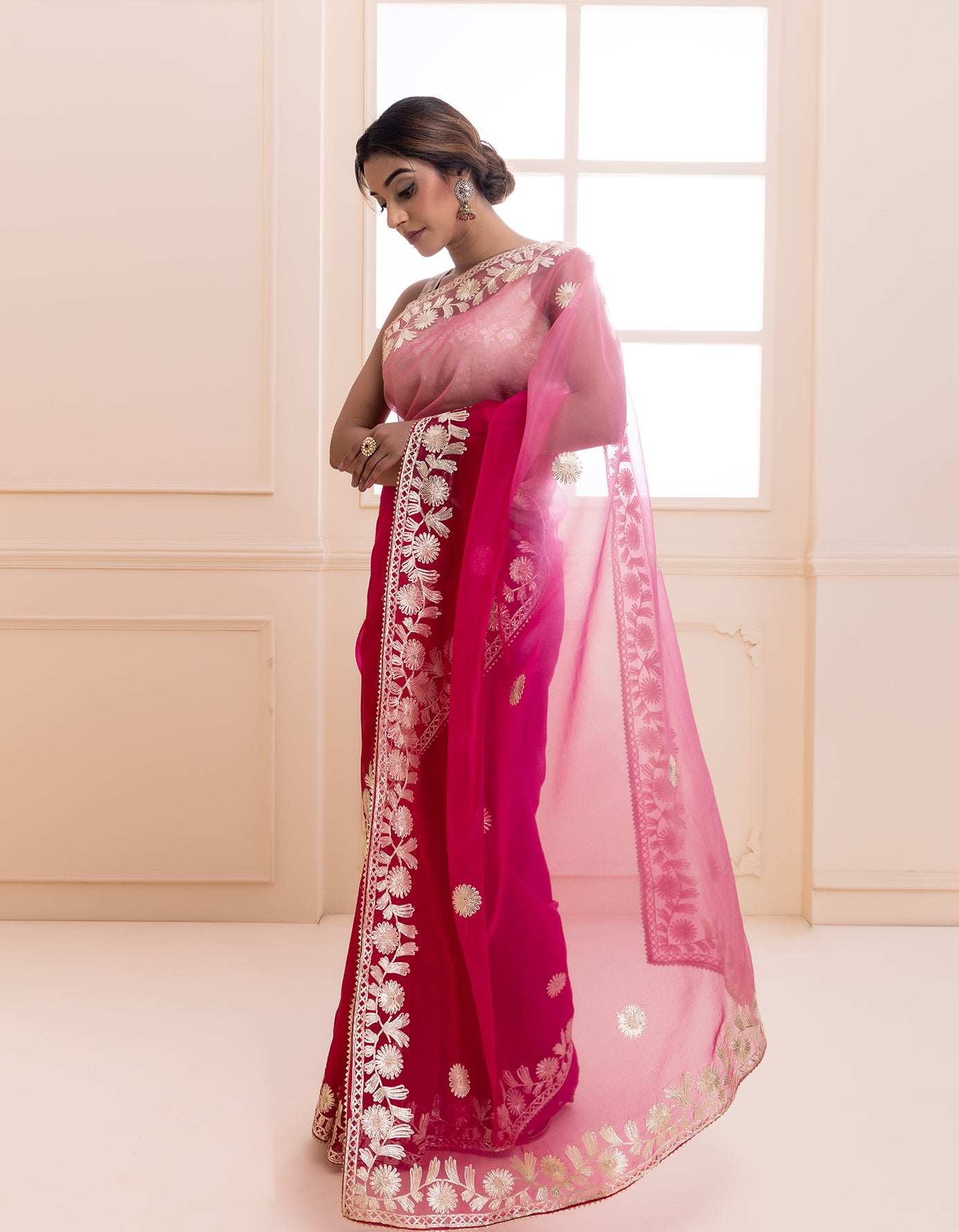 Pink Shaded Handcrafted Gota Patti Organza Saree