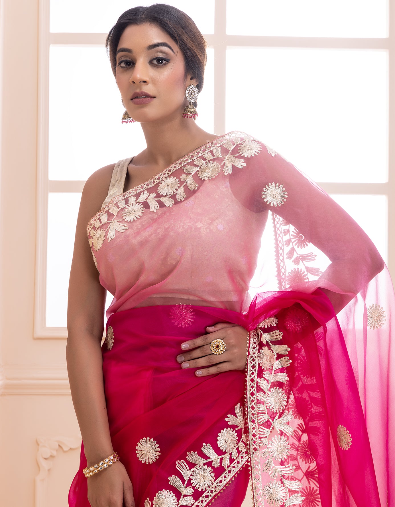 Pink Shaded Handcrafted Gota Patti Organza Saree