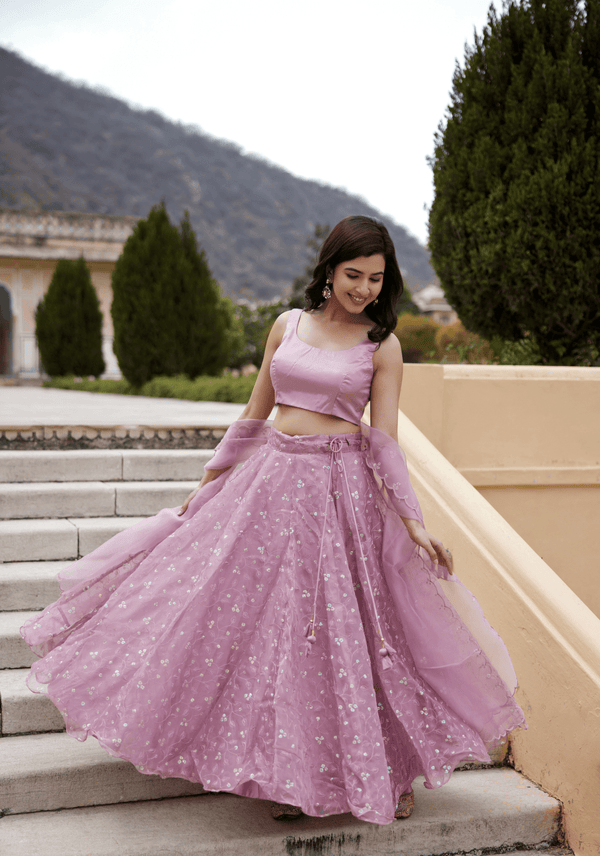 Onion Pink Sequins Embroidery Organza Lehenga Set