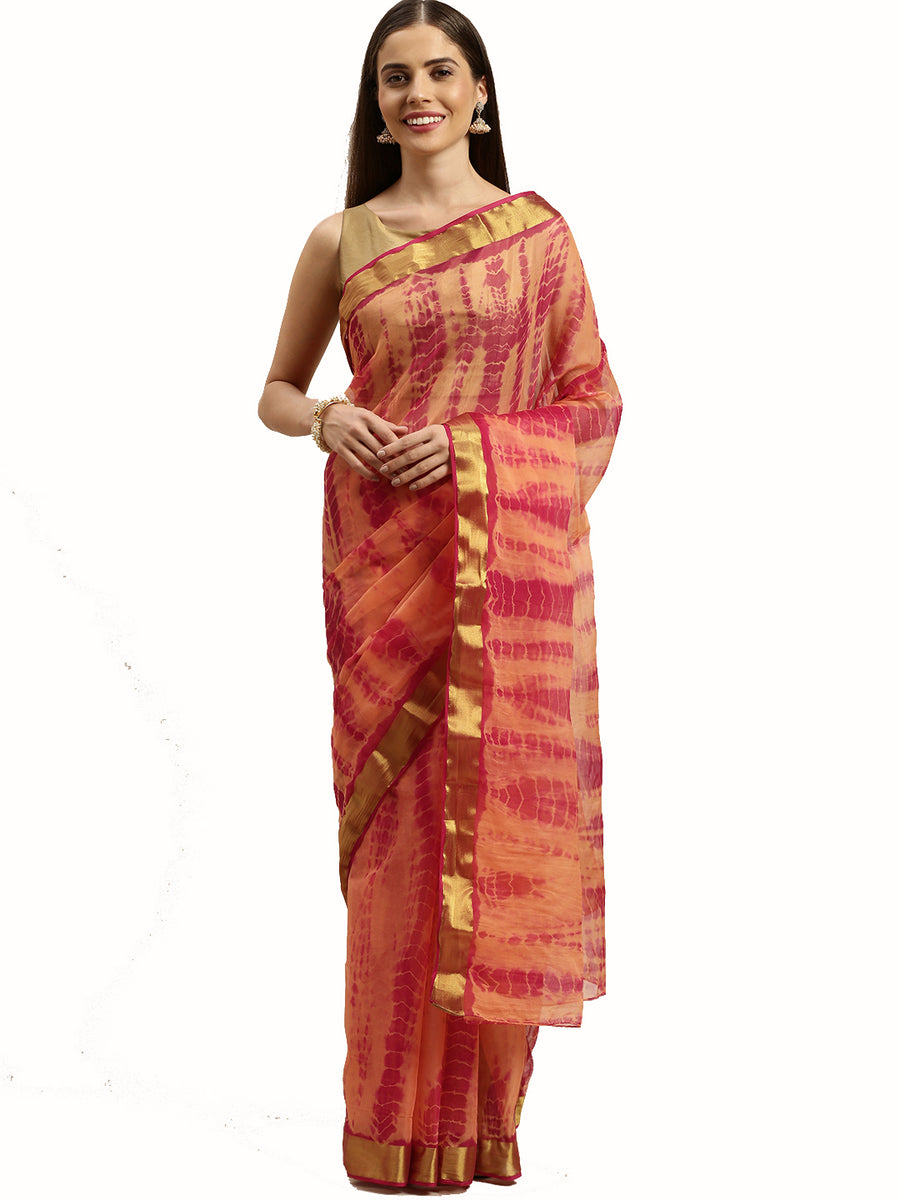 Peach Shibori Print Zari Border Chiffon Saree