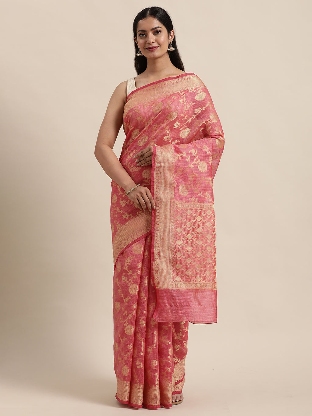 Pink Kota Doria Silk Saree