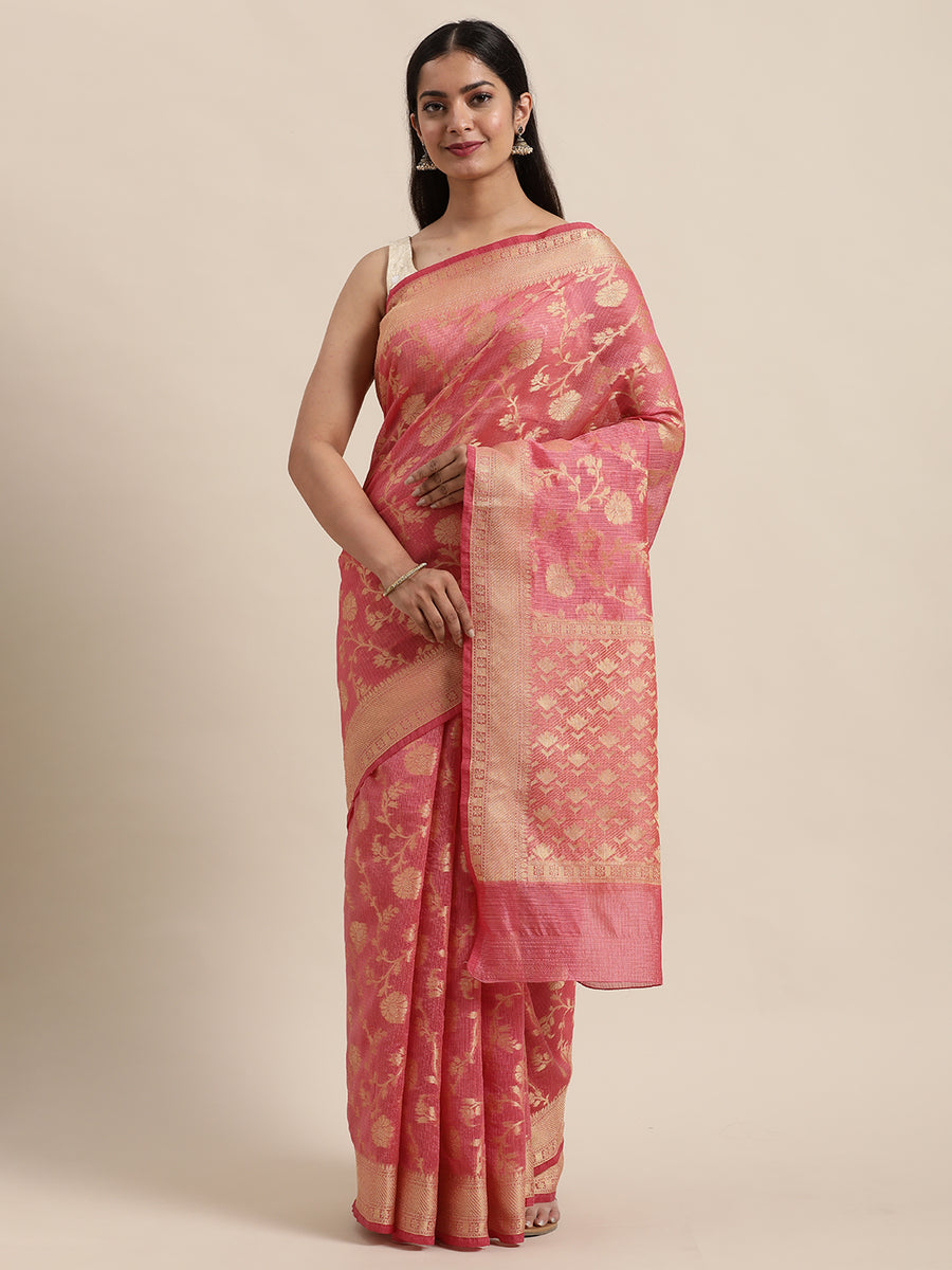 Pink Kota Doria Silk Saree