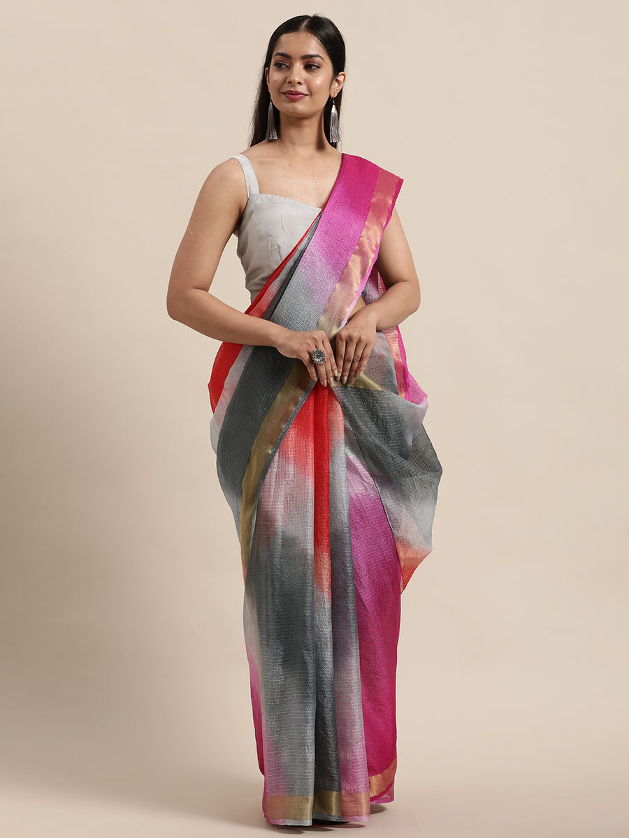 Multi Color Tie & Dye Zari Border Kota Doria Silk Saree