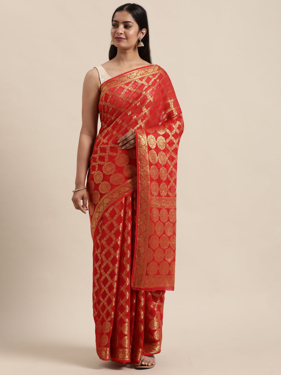 Red Floral Printed Zari Work Georgette Saree
