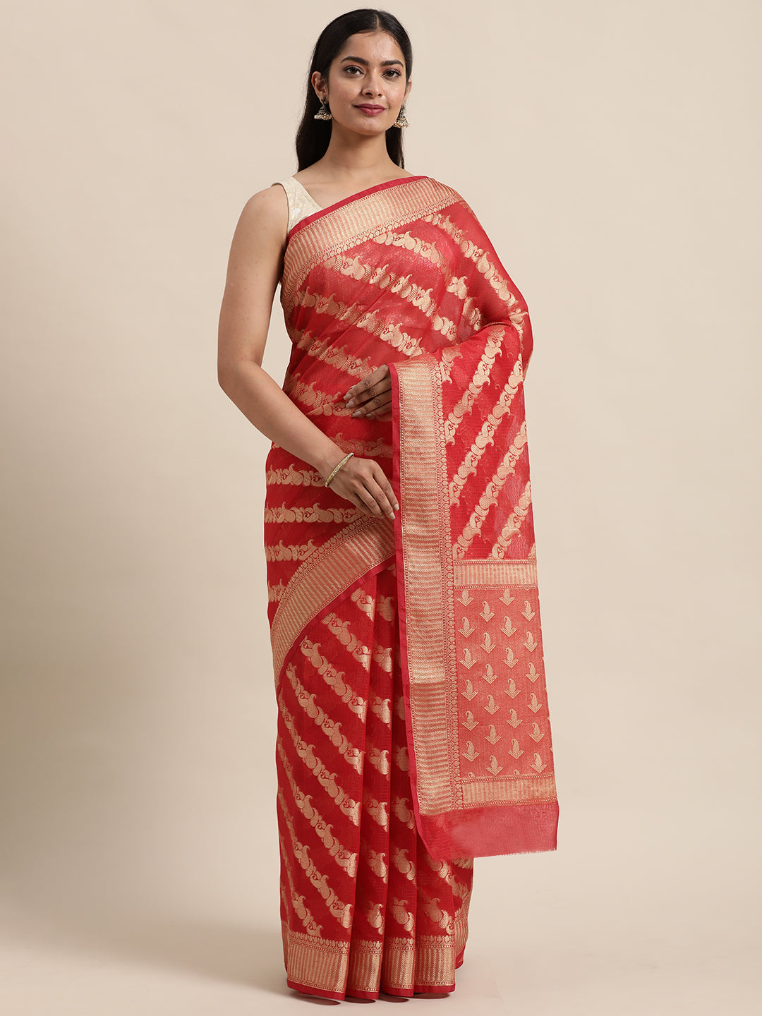 Red Floral Printed Zari Work Kota Doria Silk Saree