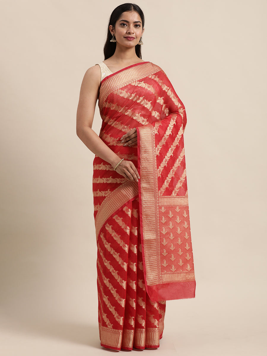 Red Floral Printed Zari Work Kota Doria Silk Saree