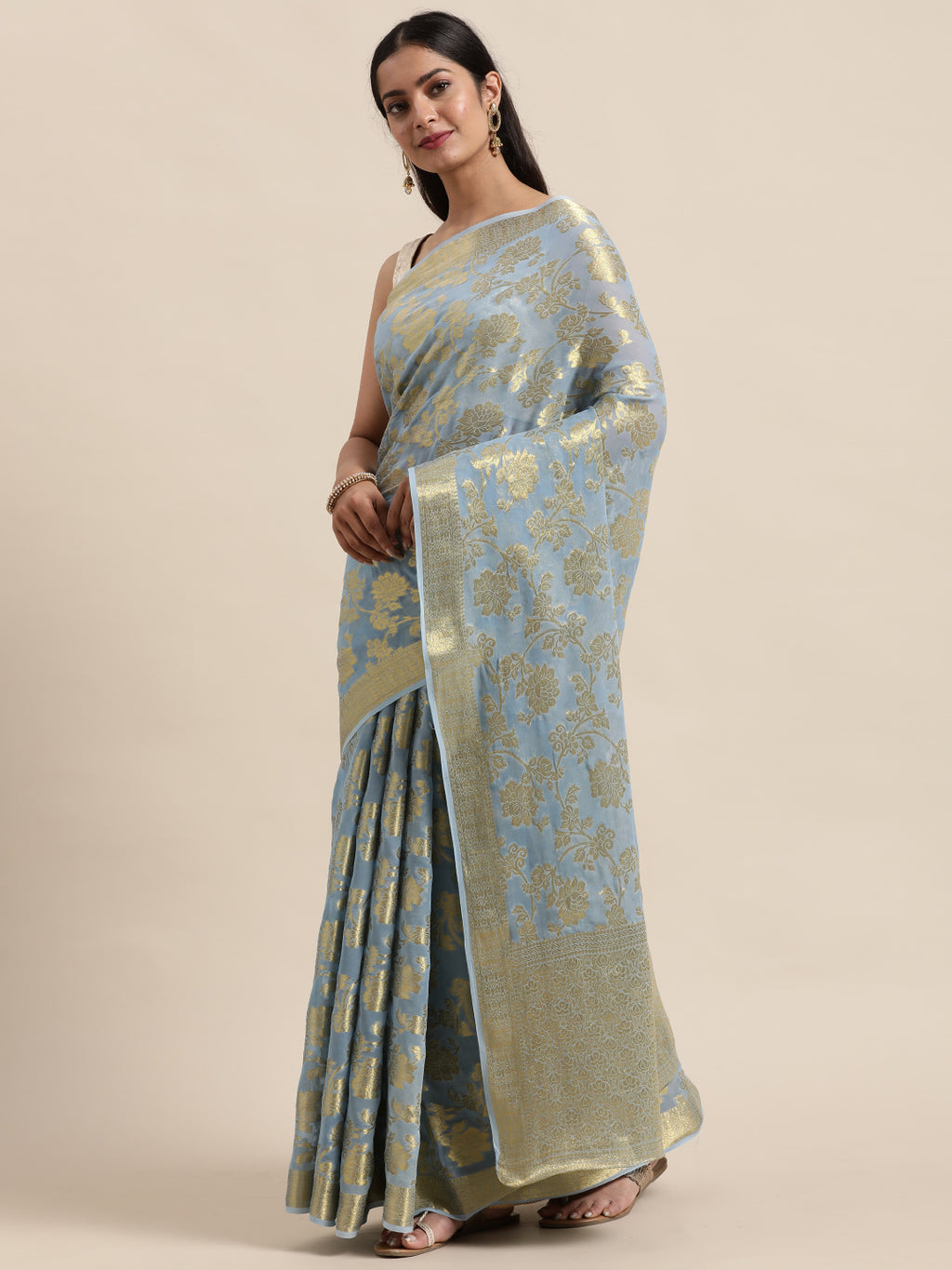 Grey Floral Printed Zari Work Georgette Saree