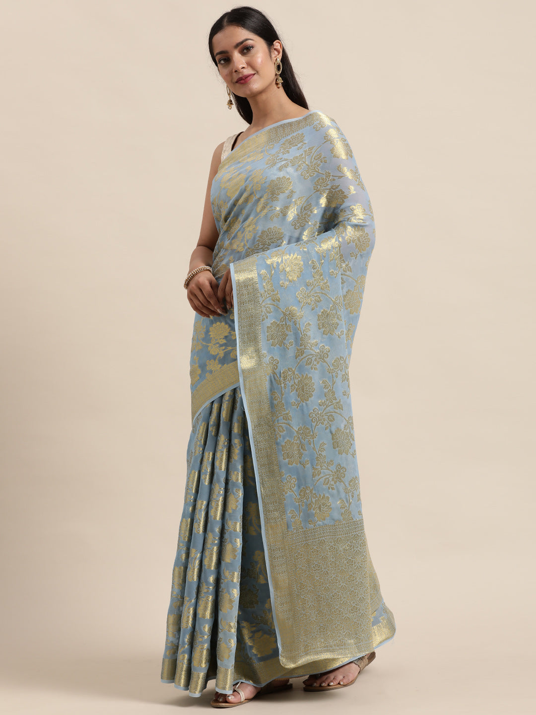 Grey Floral Printed Zari Work Georgette Saree