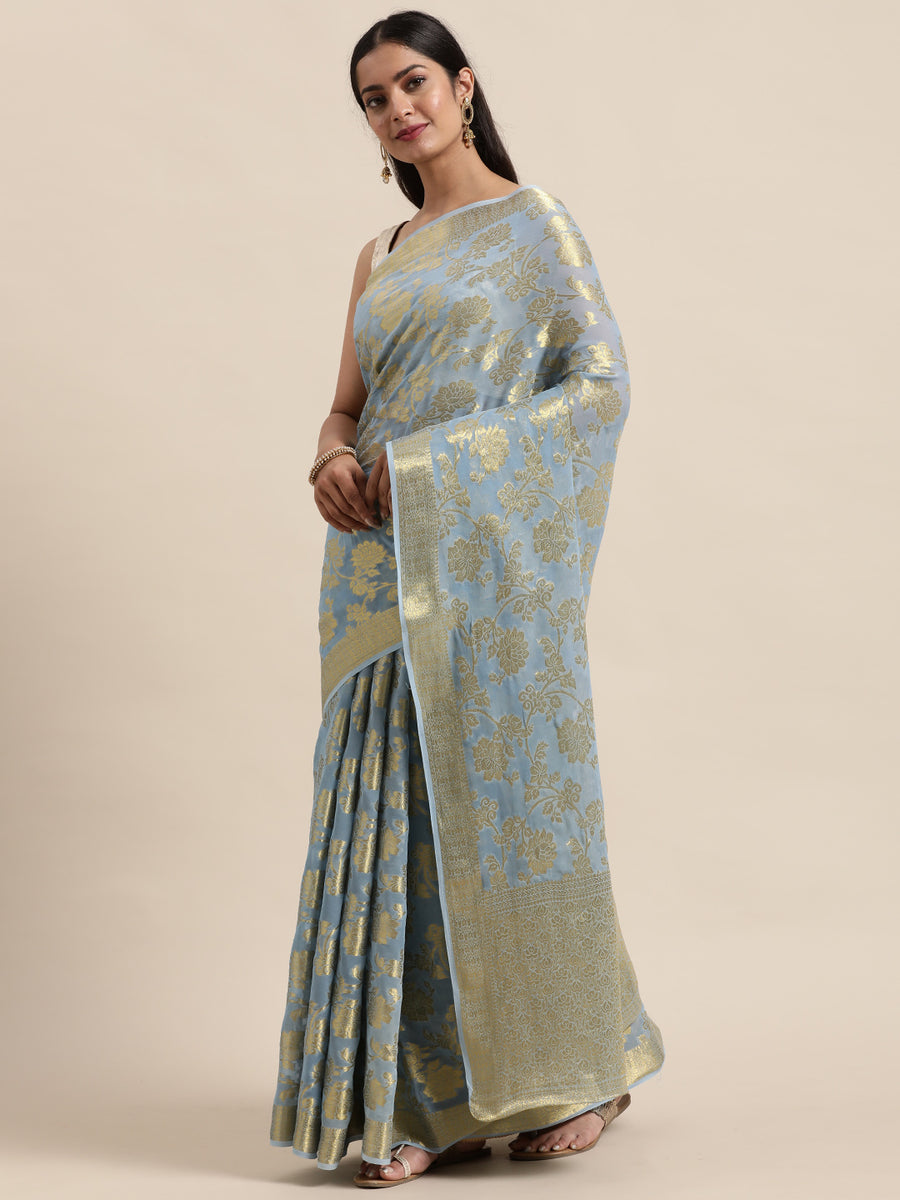 Grey Floral Printed Zari Work Georgette Saree
