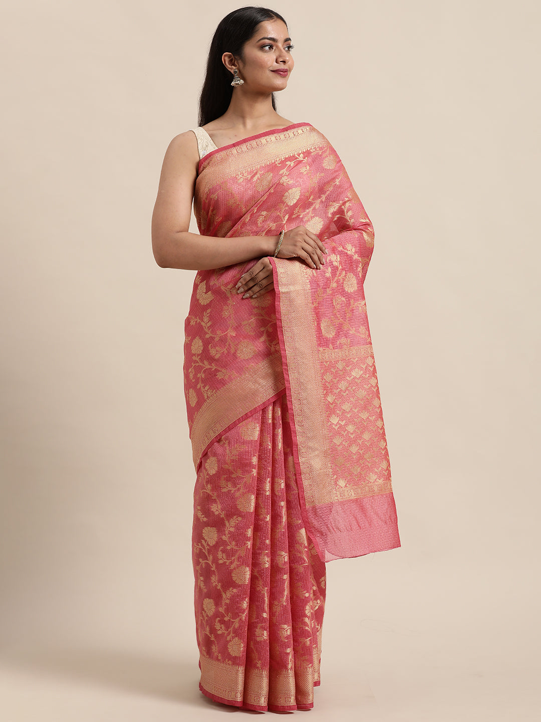 Pink Kota Doria Silk Saree