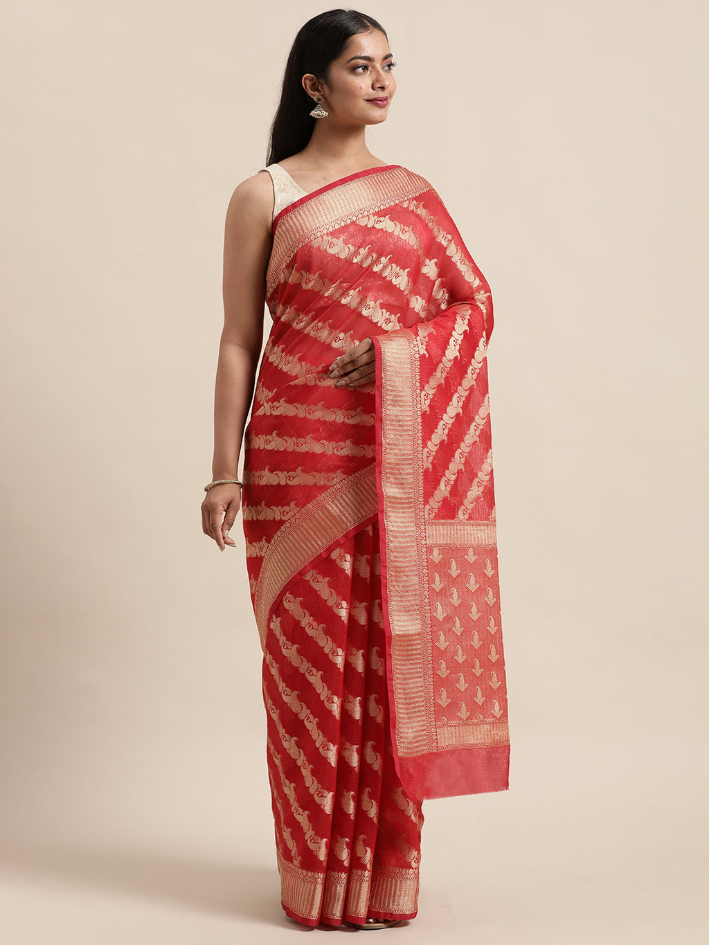 Red Floral Printed Zari Work Kota Doria Silk Saree