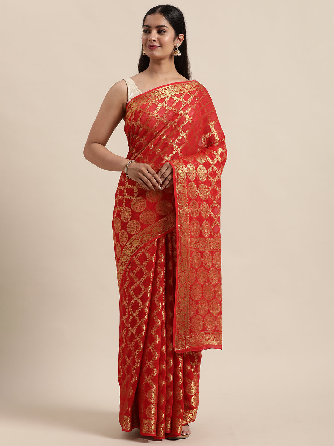 Red Floral Printed Zari Work Georgette Saree