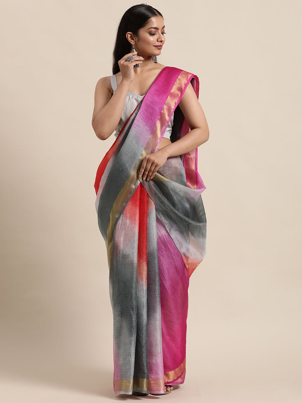 Multi Color Tie & Dye Zari Border Kota Doria Silk Saree