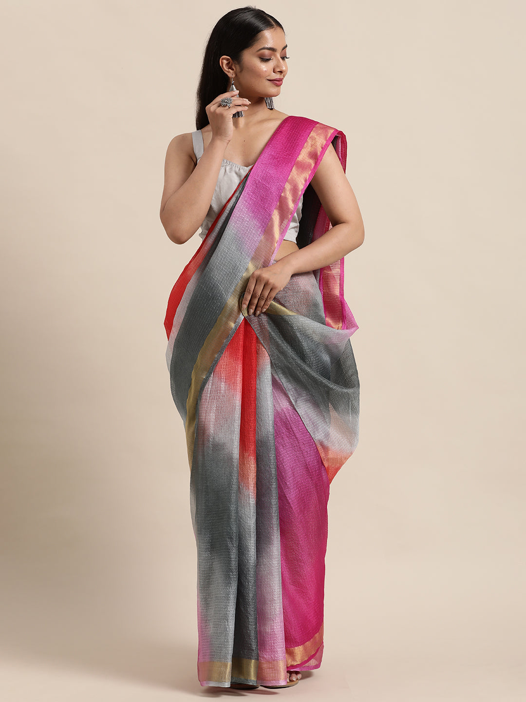 Multi Color Tie & Dye Zari Border Kota Doria Silk Saree