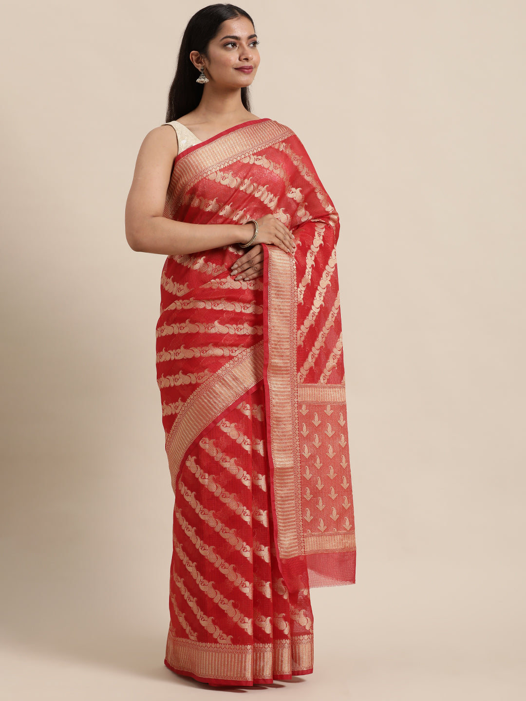 Red Floral Printed Zari Work Kota Doria Silk Saree